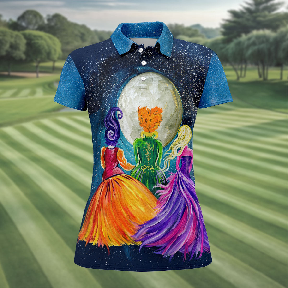 Moonlit Witch Sisters Halloween Polo Shirt, Golf Shirts For Women, Women’s Golf Apparel