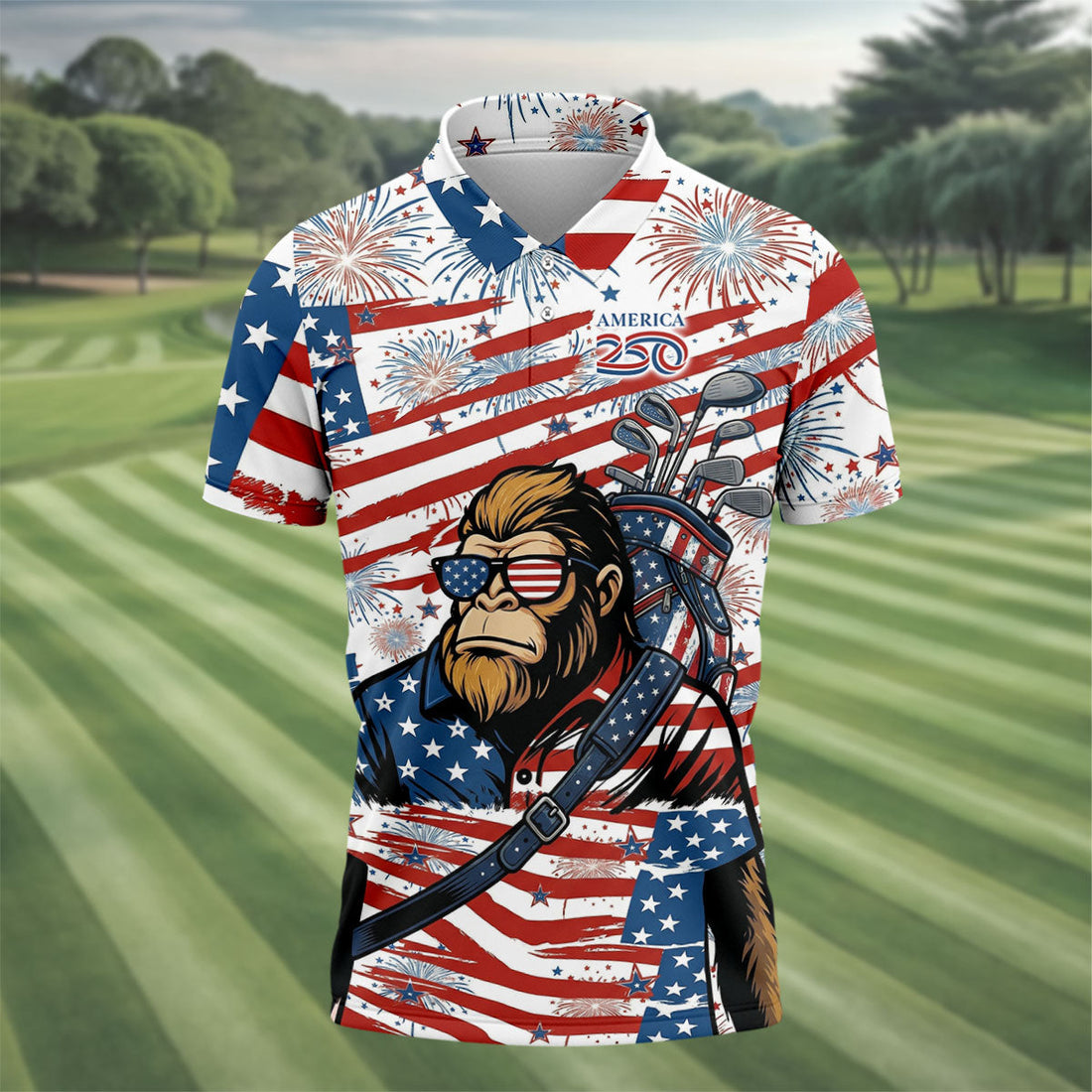 Red White Blue Stars And Stripes 250 Years Bigfoot Golf Shirt, Patriotic 4th Of July Golf Shirts For Men