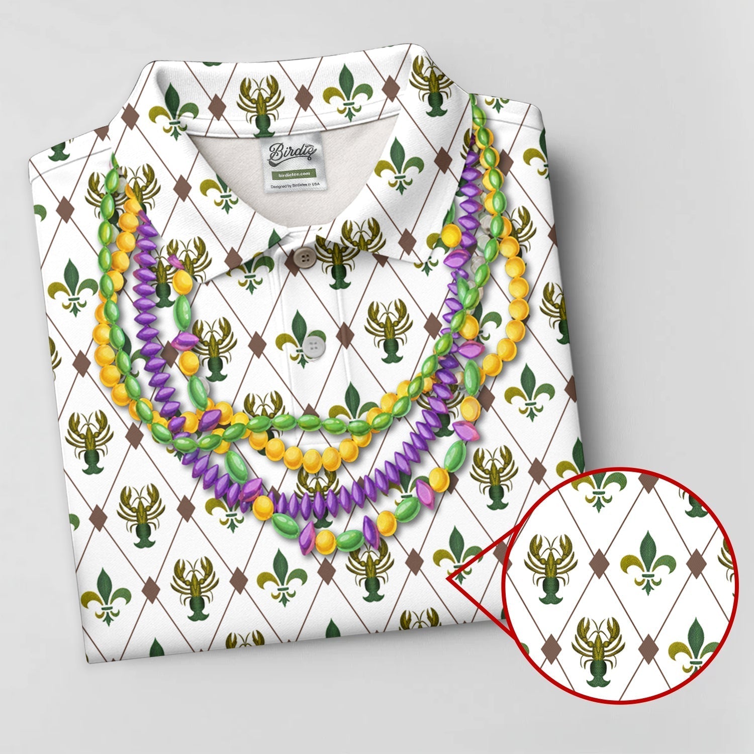Mardi Gras Purple Green Gold Beads Chain Fleur De Lis Argyle Pattern White Golf Shirt, Women's Golf Tops
