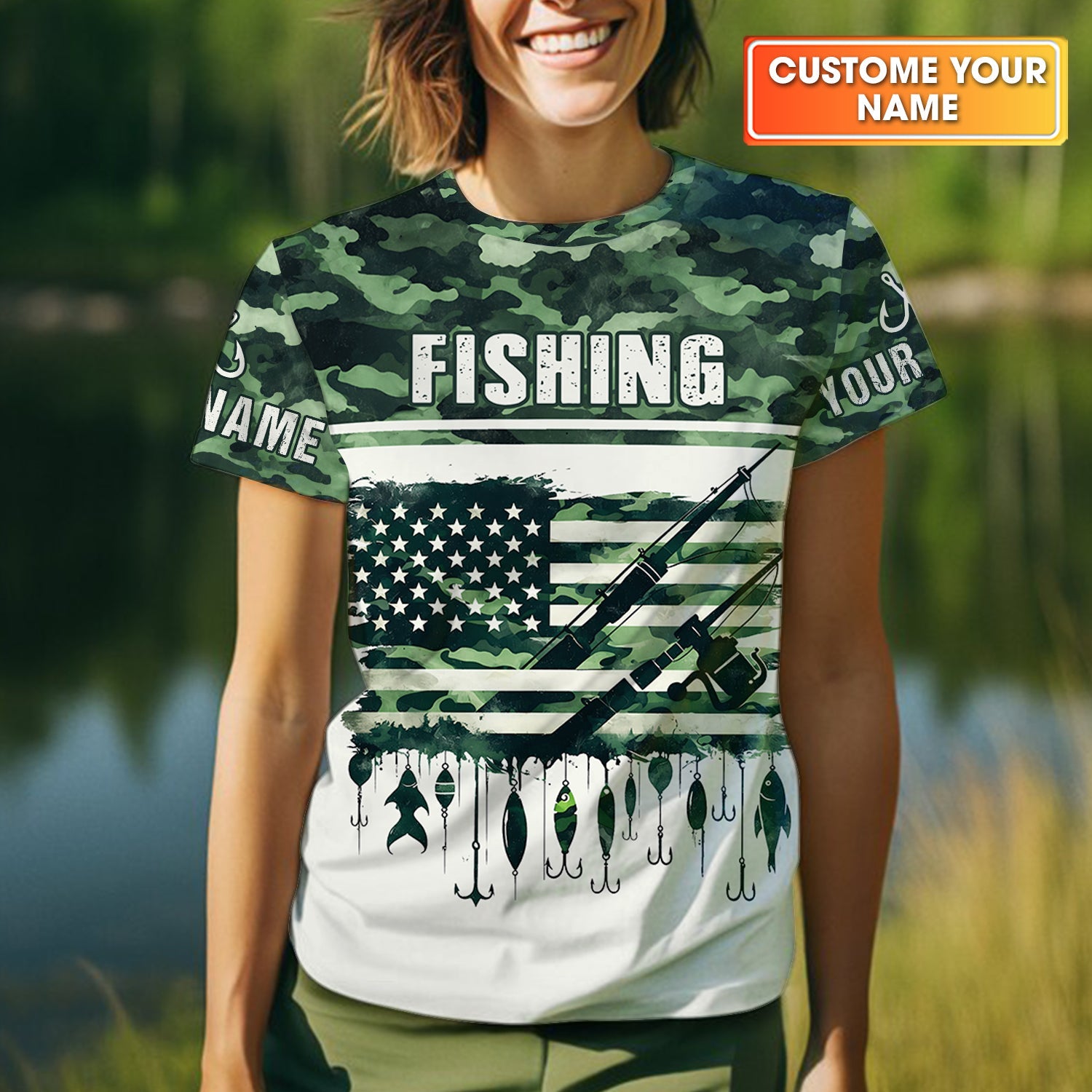 Fishing Green Camo US Flag Pattern Fishing UPF Shirts, 250 Years Women Fishing Shirt