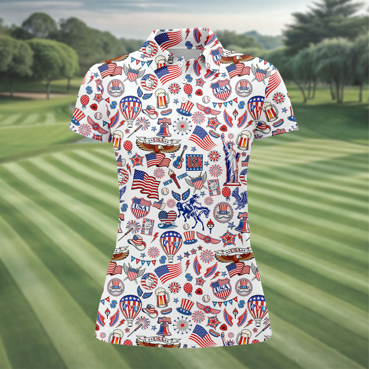 250 Celebration US Flag Pattern Ladies Golf Tops, Patriotic 4th Of July Golf Shirt For Women