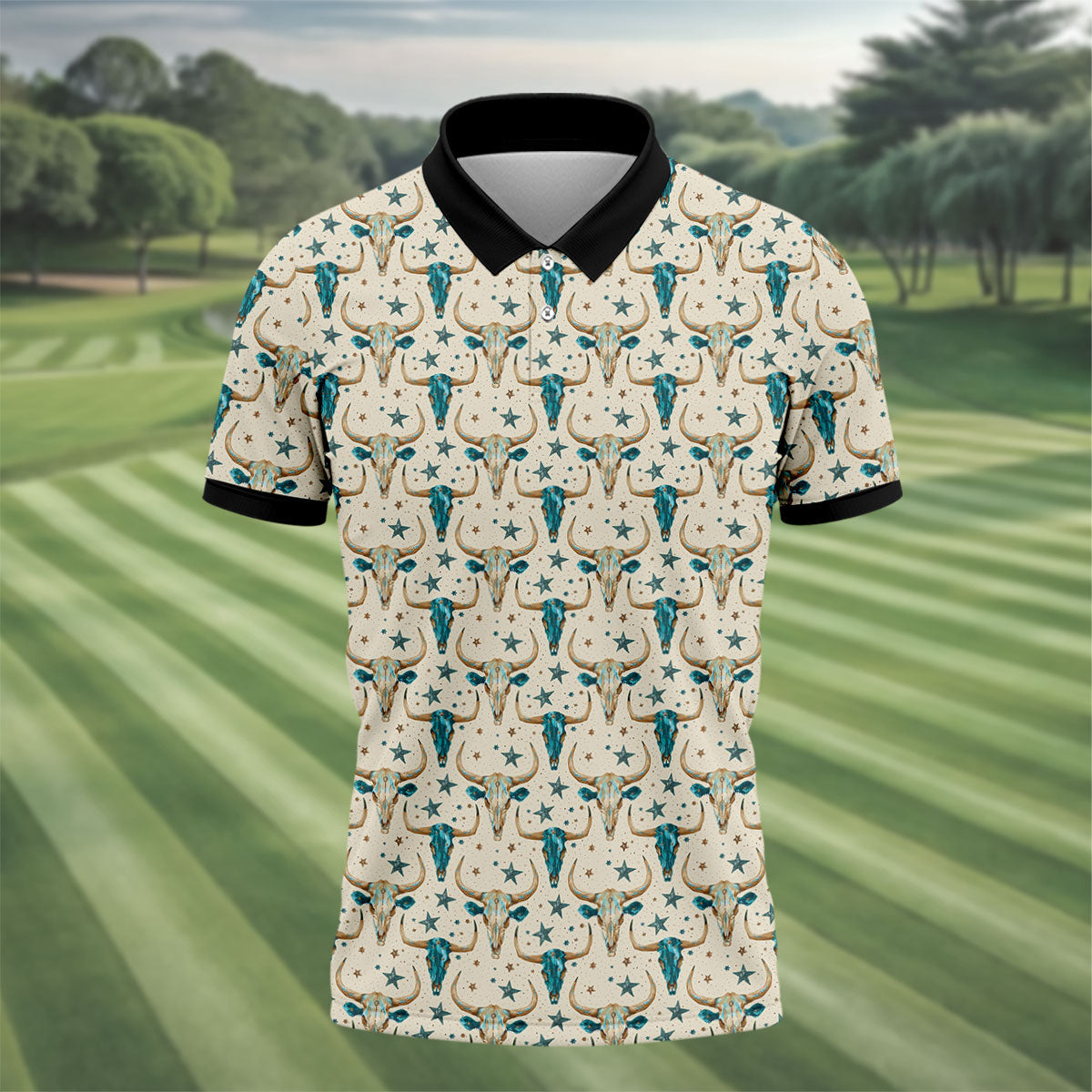 Cow Skulls Turquoise And Beige Western Theme Golf Tops For Men, Polo ShirtFor Men, Golf Shirts For Men