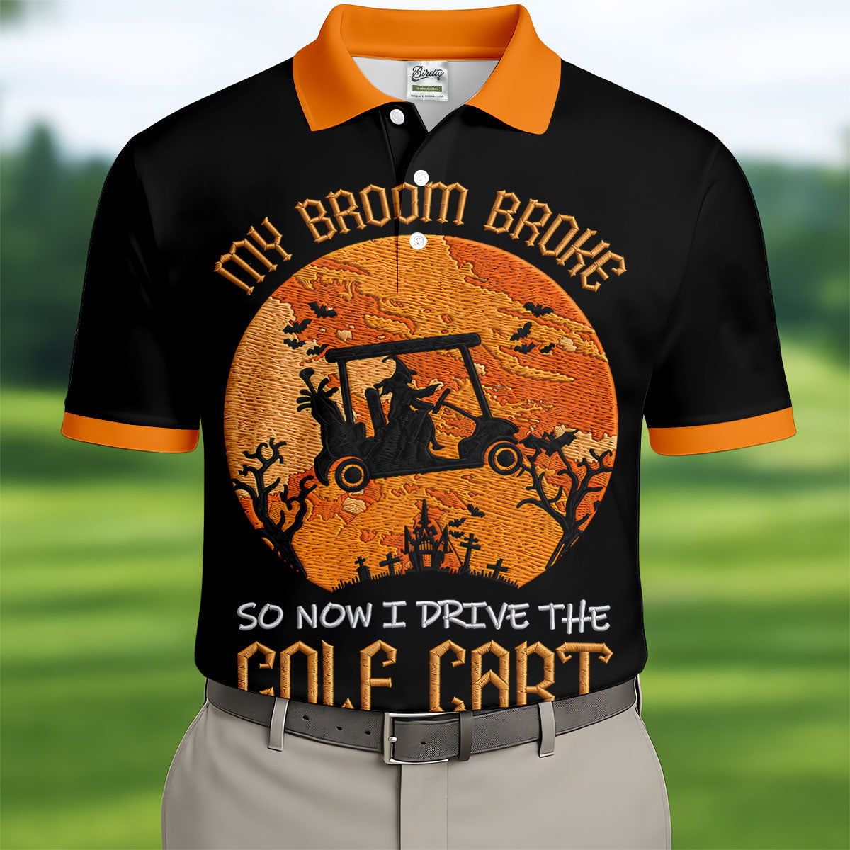 Broom Broke Now I Drive Golf Cart Halloween Polo Shirt, Mens Golf Polo, Mens Polo Shirts