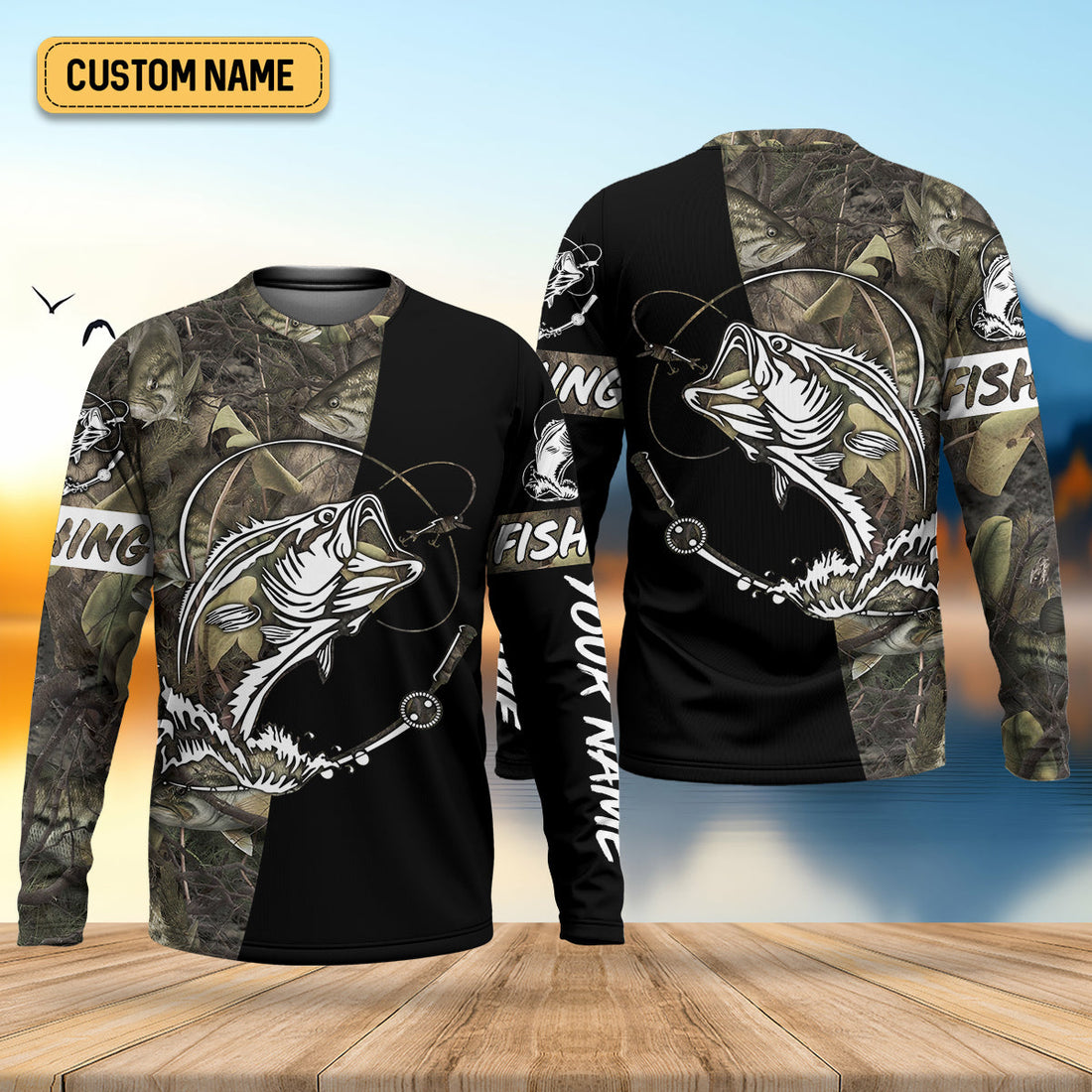 Camo Black Fishing UPF Shirts, Camouflage Fishing Shirts, Fishing Gifts For Men, Men's Fishing Shirt