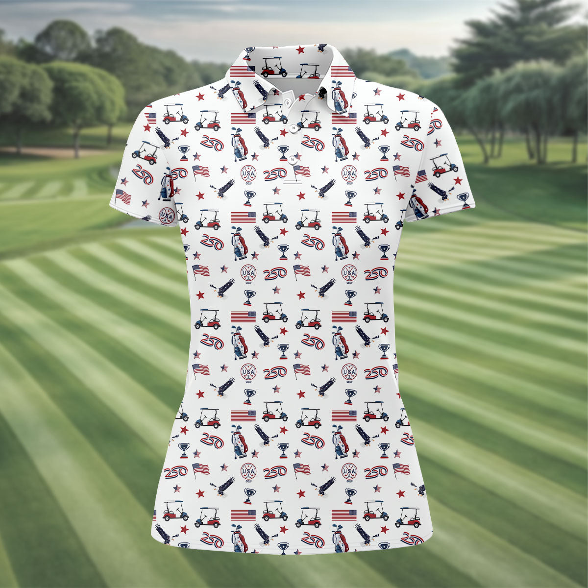 250 Years Golf Pattern Patriotic Golf Shirt, Ladies Golf Tops, 4th Of July Golf Shirt For Women
