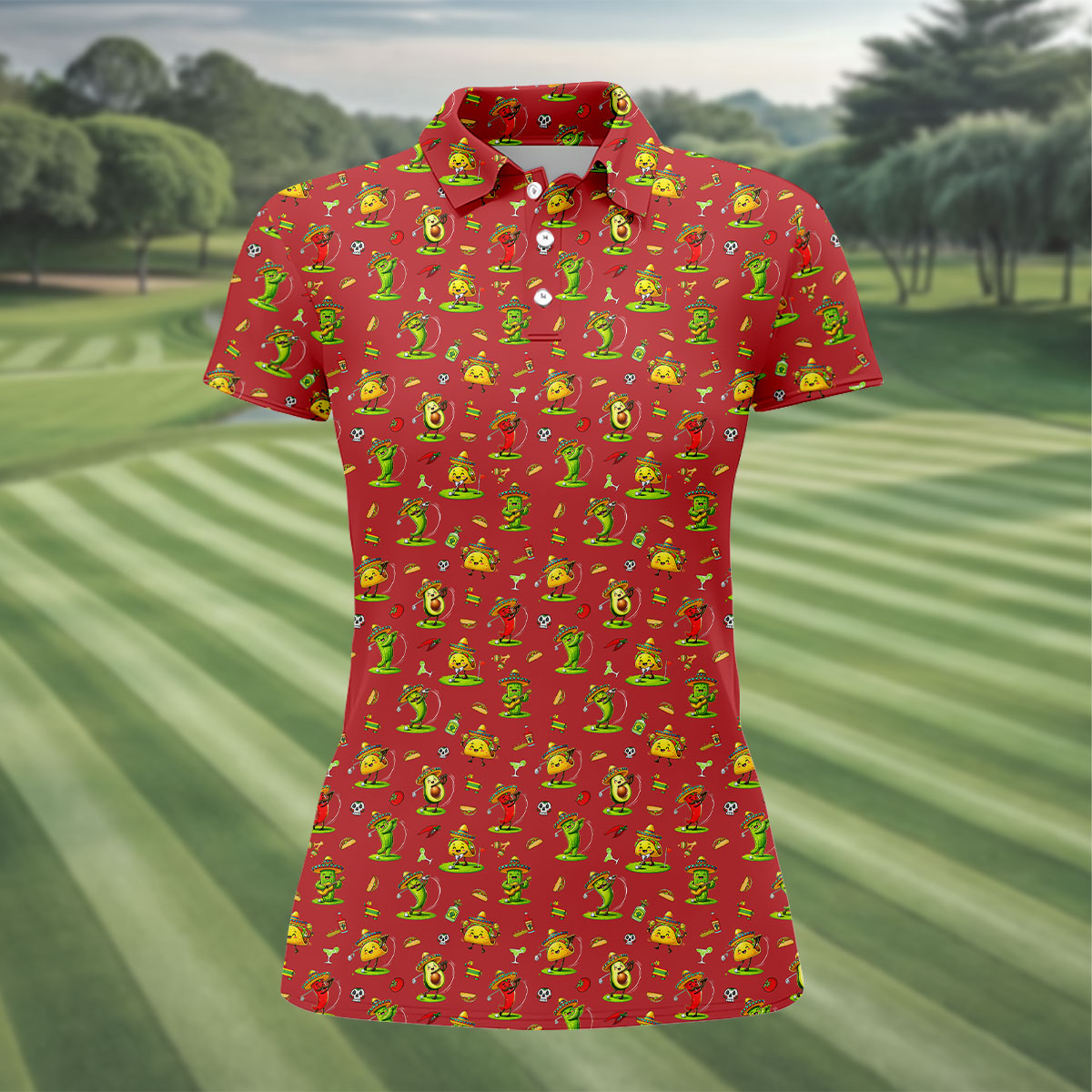 Mexican Cartoon Food Characters Cinco De Mayo Celebration Fiesta Themed Red Golf Shirt For Women