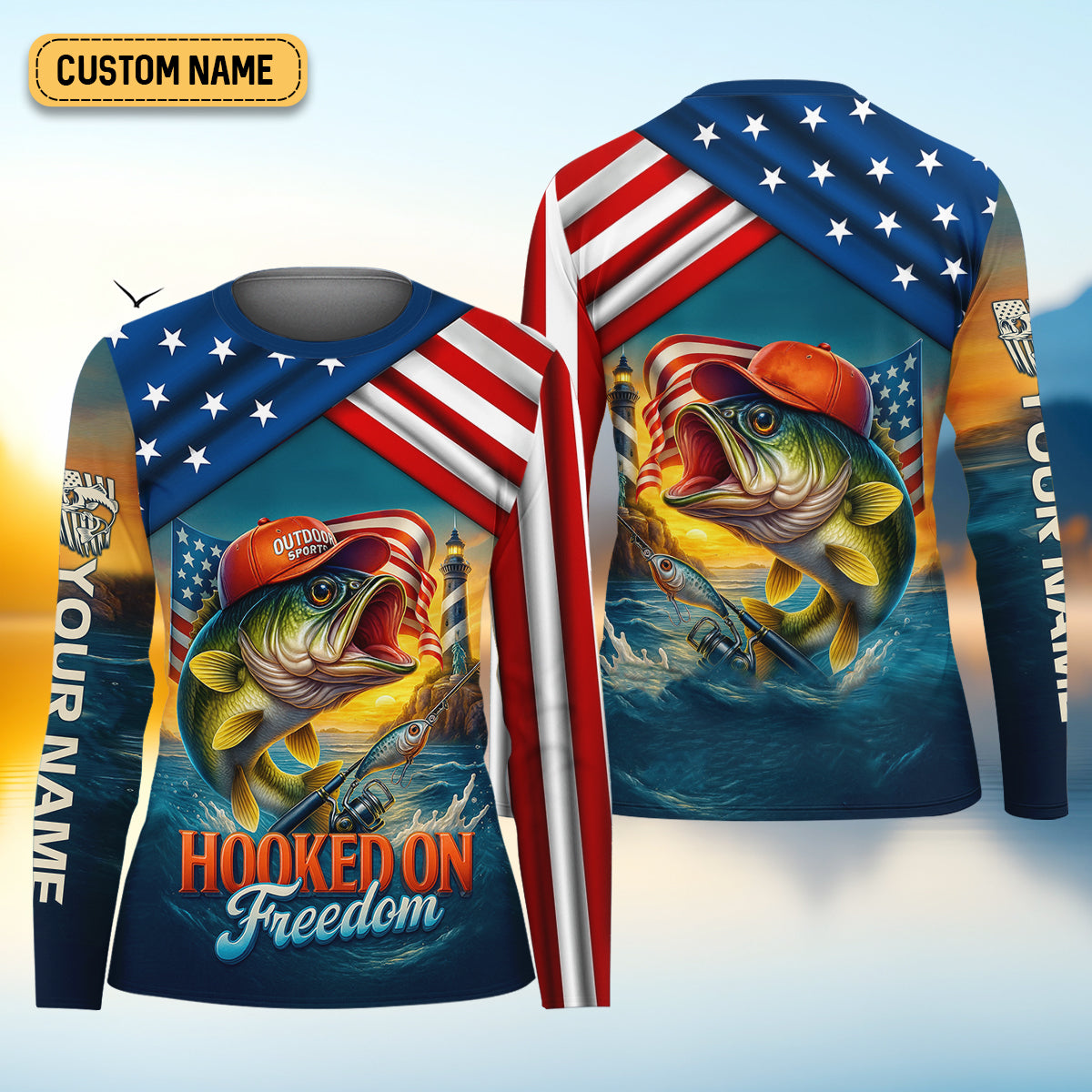 Hooked On Freedom Patriotic Fishing Shirt, Largemouth Bass Fishing Women SPF Shirt, Funny Fishing Shirt
