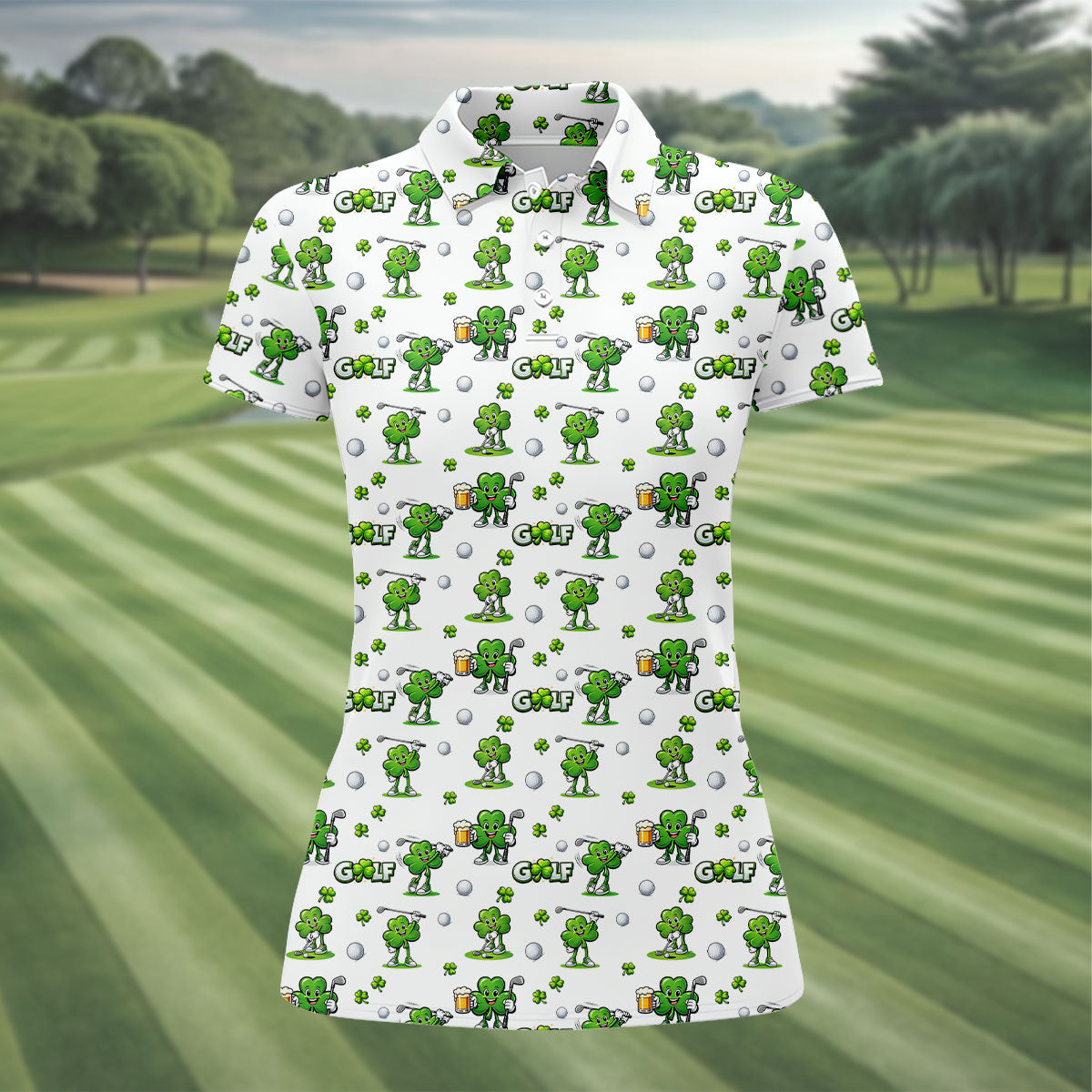 Three Leaf Clover Golf And Beer St Patrick's Day White Golf Shirt, Women's Golf Shirts, Ladies Golf Polos
