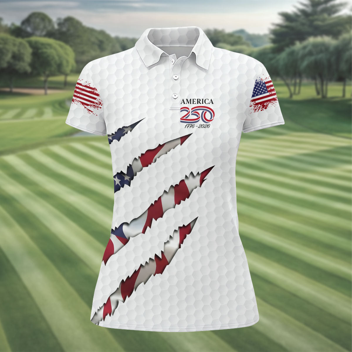 America 250 1776-2026 Scratched Flag Golf Ball Pattern White Golf Shirt, Patriotic 4th Of July Golf Shirt For Women