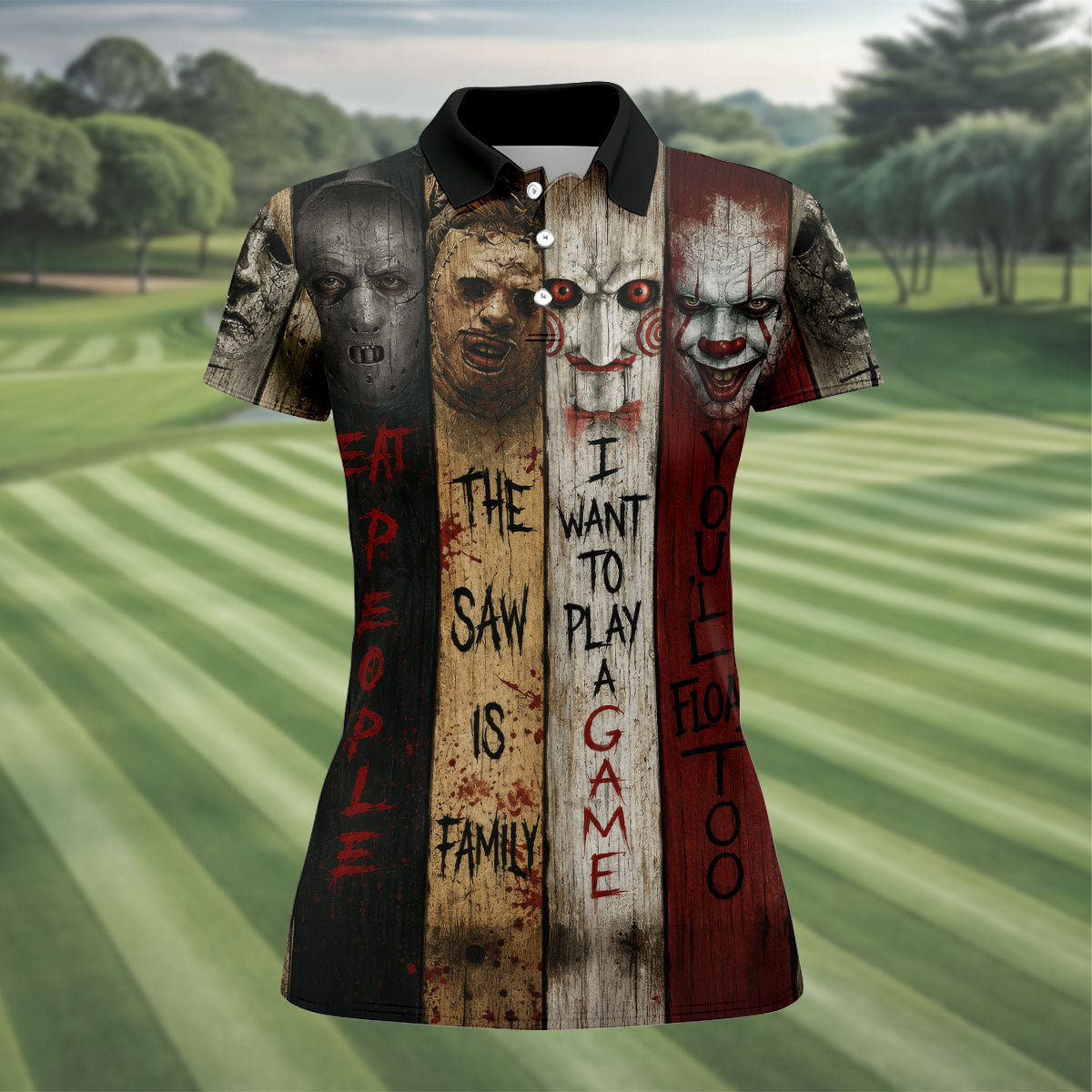 Vintage Wood Panel Horror Character Halloween Golf Shirt, Women's Golf Apparel, Printed Golf Shirt