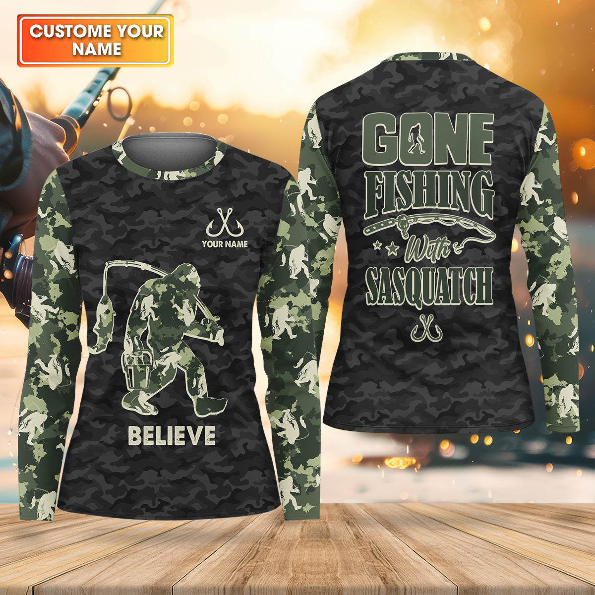 Gone Fishing With Sasquatch Camo Fishing Shirt, Fishing UPF Shirts, Fishing Shirt For Women
