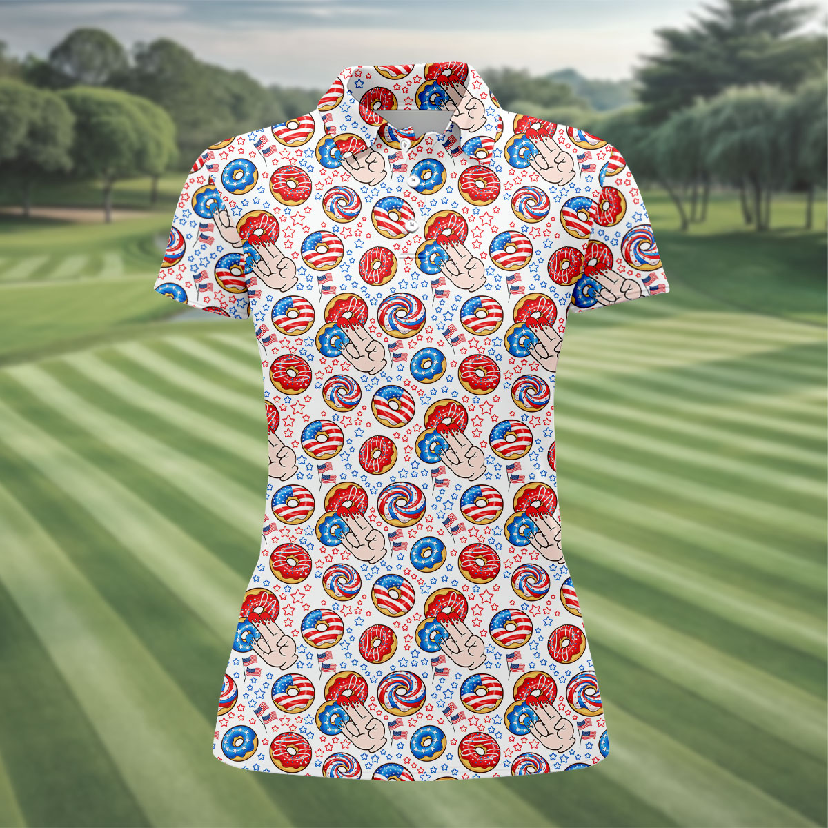 Donut Finger Funny Dirty American Flag Pattern White Women Golf Top, 250th Anniversary Patriotic Golf Shirt