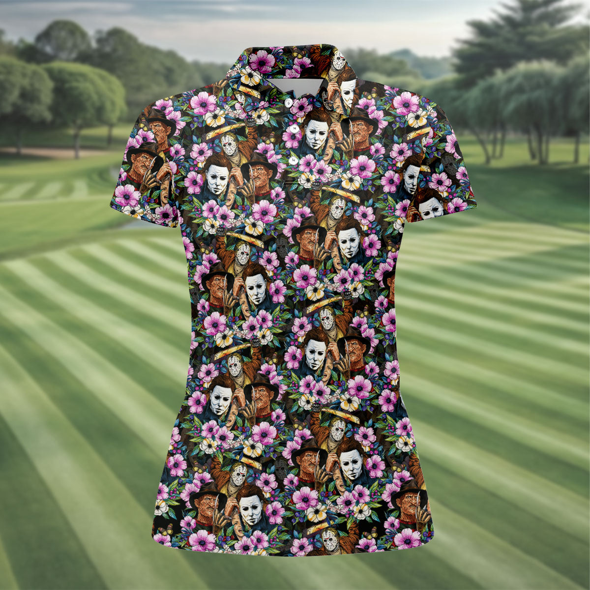 Floral Horror Character Halloween Golf Polo Shirt, Horror Movie Shirt, Women's Golf Polo