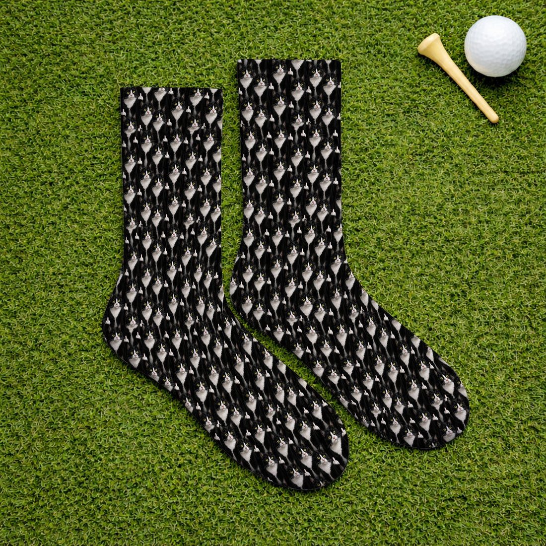 Funny Tuxedo Cat Golf Socks, Black White Cat Pattern Golf Sock, Crazy Cat Dad Golf Apparel