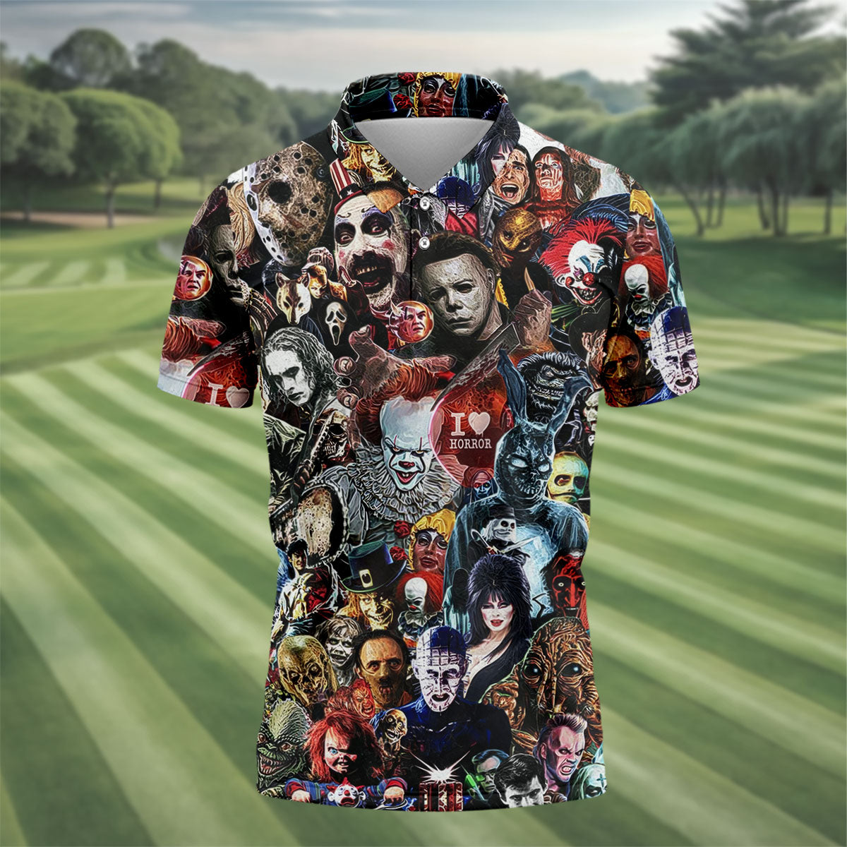Classic Horror Icons Collage Halloween Golf Shirt, Mens Golf Polo, Printed Golf Shirts