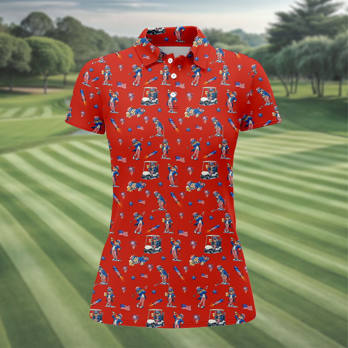 Patriotic Man Golf And Beer Funny 4th Of July Red Golf Shirt, 250 Years Seamless Pattern Women's Golf Tops