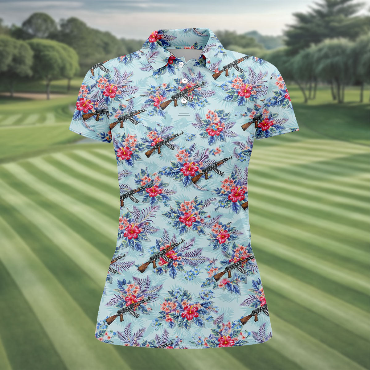 Hawaiian Floral Military Theme Light Blue Golf Shirt, Ladies Golf Shirts, Women's Polo Shirt