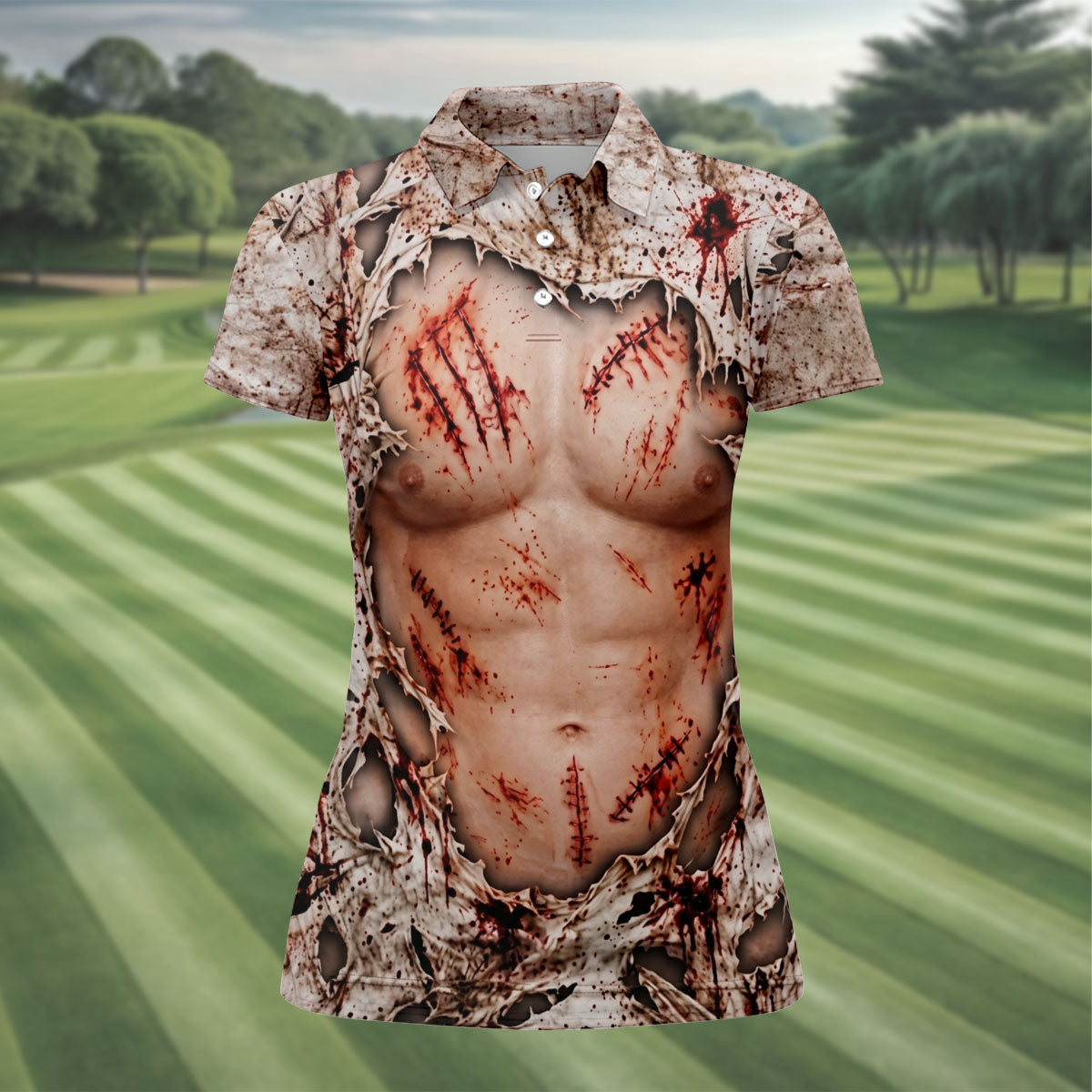 Bloody Stitched Torso Halloween Costume Polo Shirt, Womens Golf Tops, Halloween Golf Shirt
