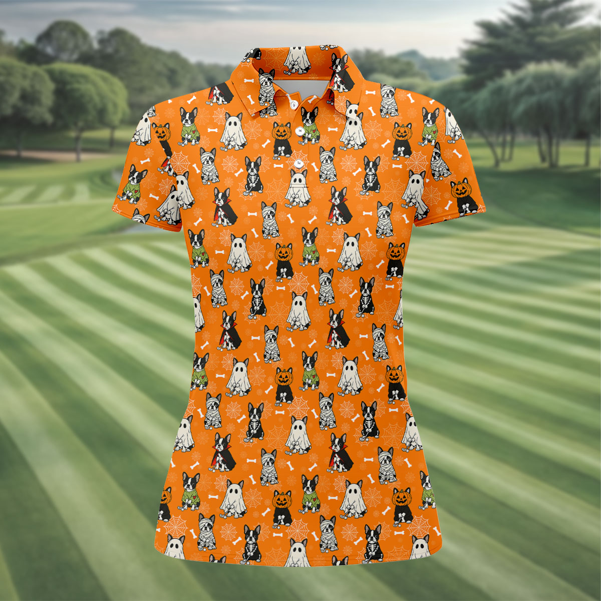 Halloween Dog Costume Pattern Golf Polo Shirt, Womens Golf Tops, Halloween Shirt For Women
