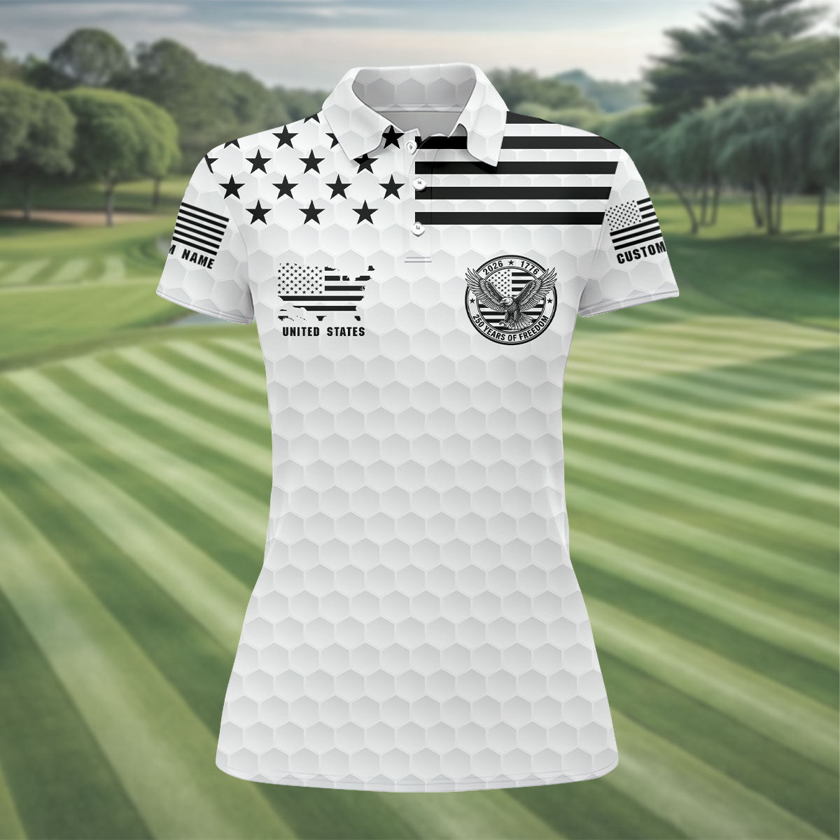 250 Years Of Freedom Golf Ball Pattern White Golf Shirt, 4th Of July Patriotic Golf Shirt For Women