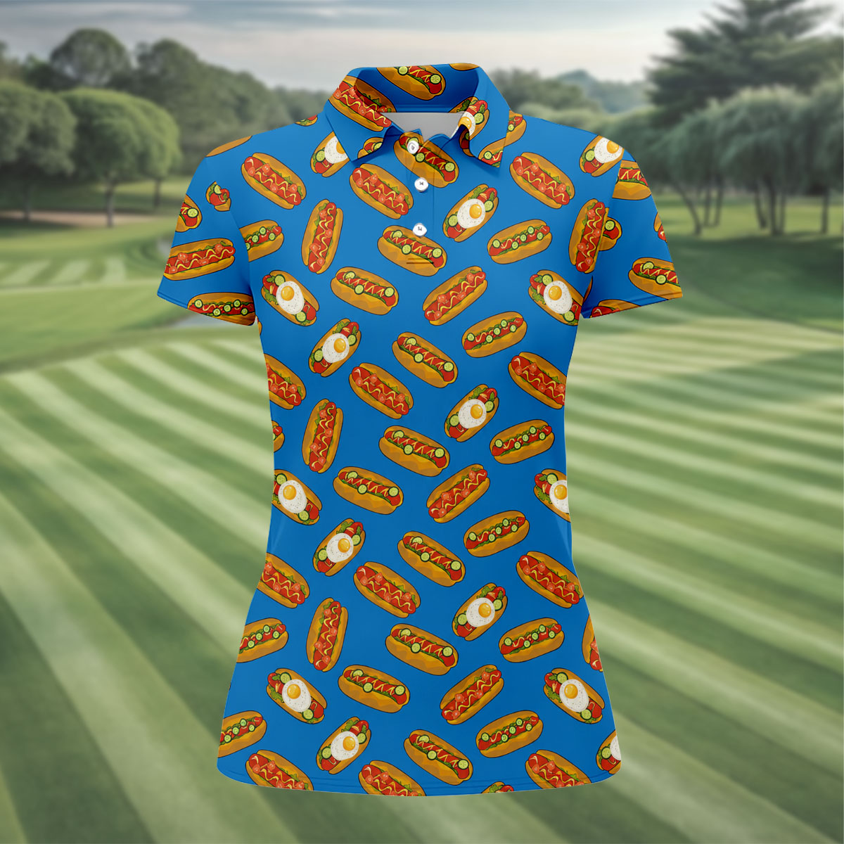Blue Hot Dog And Fried Egg Pattern Golf Shirt, Hawaiian Golf Shirt, Golf Tops For Women, Printed Golf Shirt