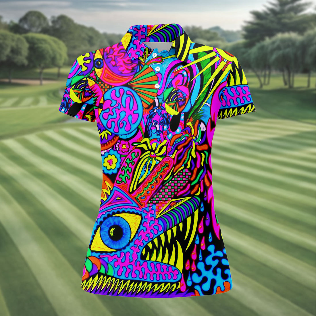 Neon Psychedelic Abstract Eye Pattern Golf Shirt, Women's Golf Tops, Women’s Golf Apparel, Performance Golf Shirt