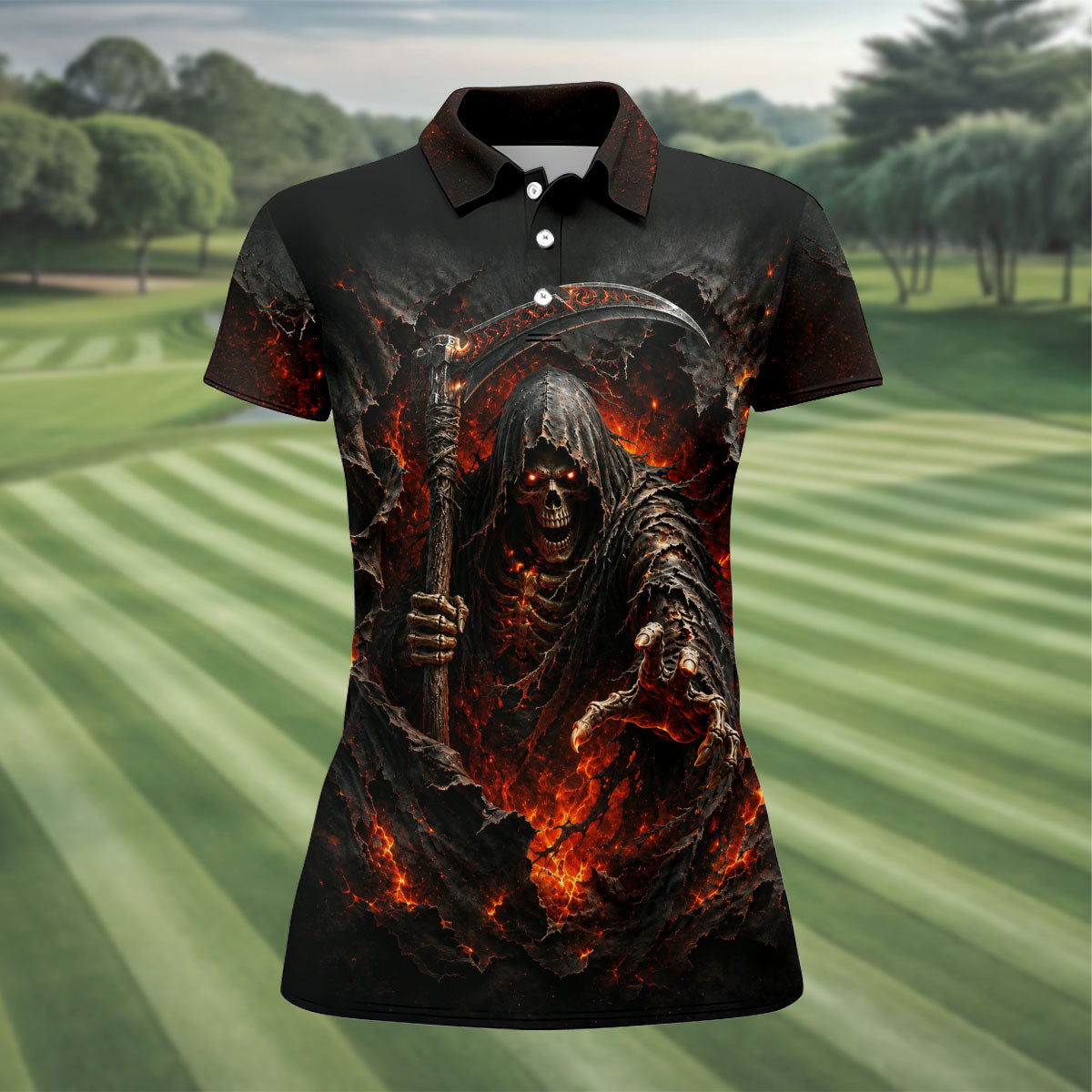 Halloween Grim Reaper Horror Character Polo Shirt, Womens Golf Tops, Hawaiian Golf Shirt