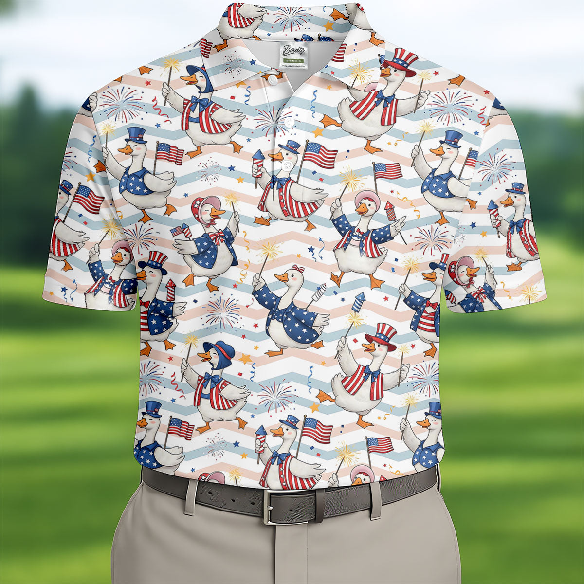 Patriotic Duck American Flag Fireworks Polo Shirt, Mens Golf Polo, Golf Shirts For Men