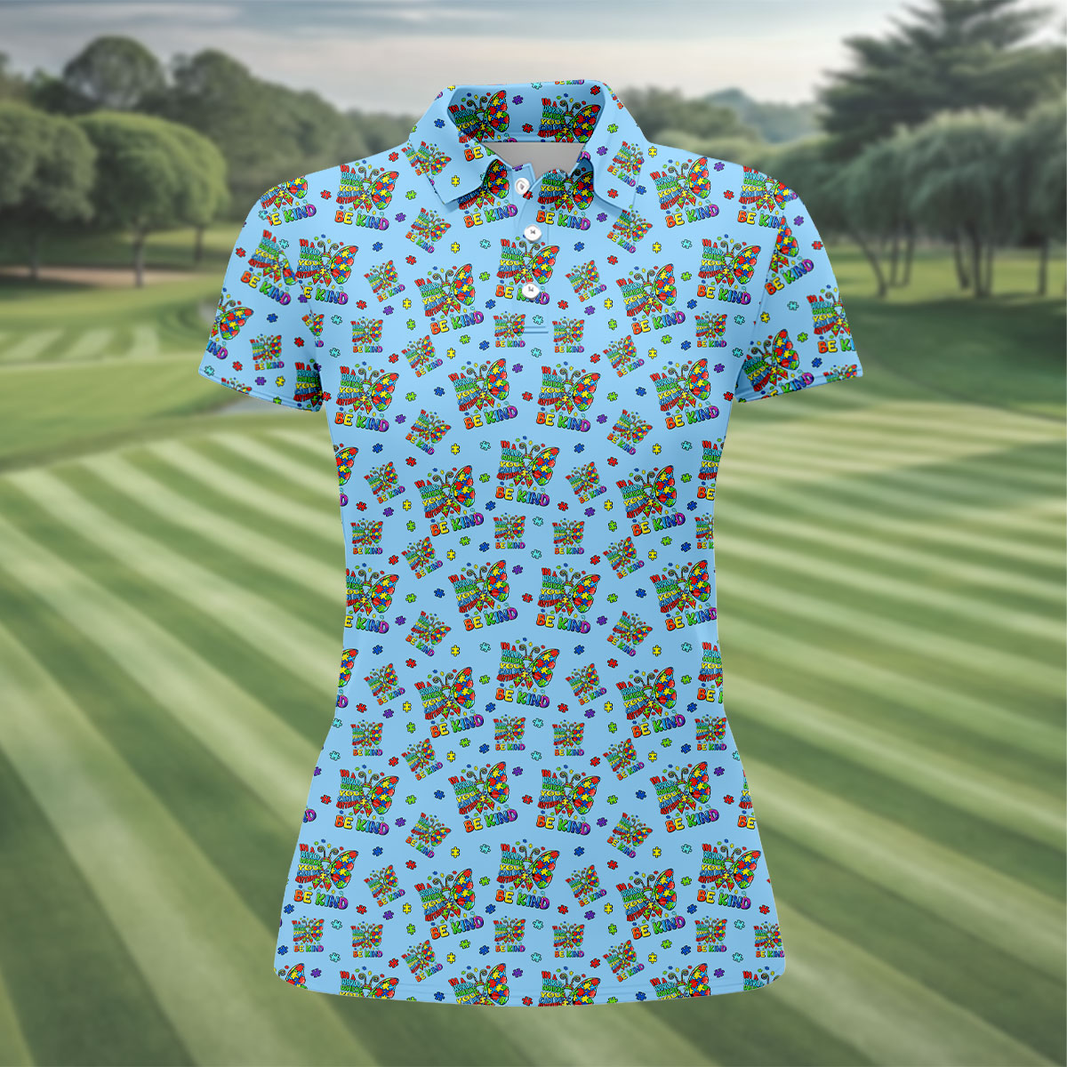 In A World Where You Can Be Anything Be Kind Rainbow Butterfly Autism Awareness Blue Golf Shirt, Women's Golf Tops
