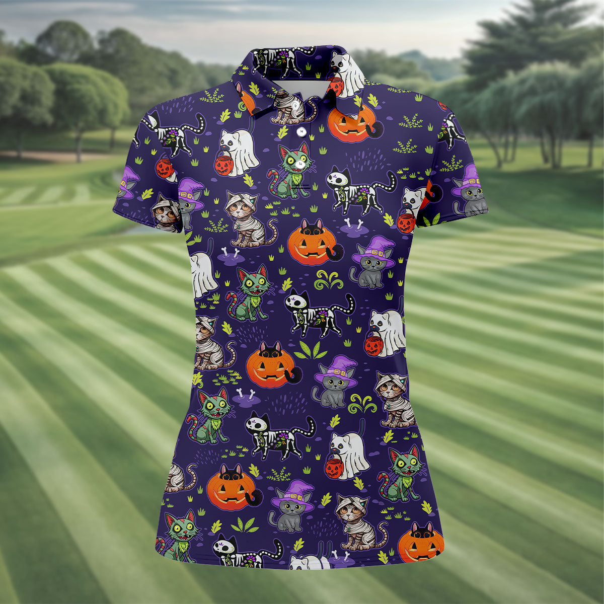 Purple Halloween Cats And Pumpkin Fun Women's Golf Shirts, Cute Golf Outfit, Ladies Golf Shirts