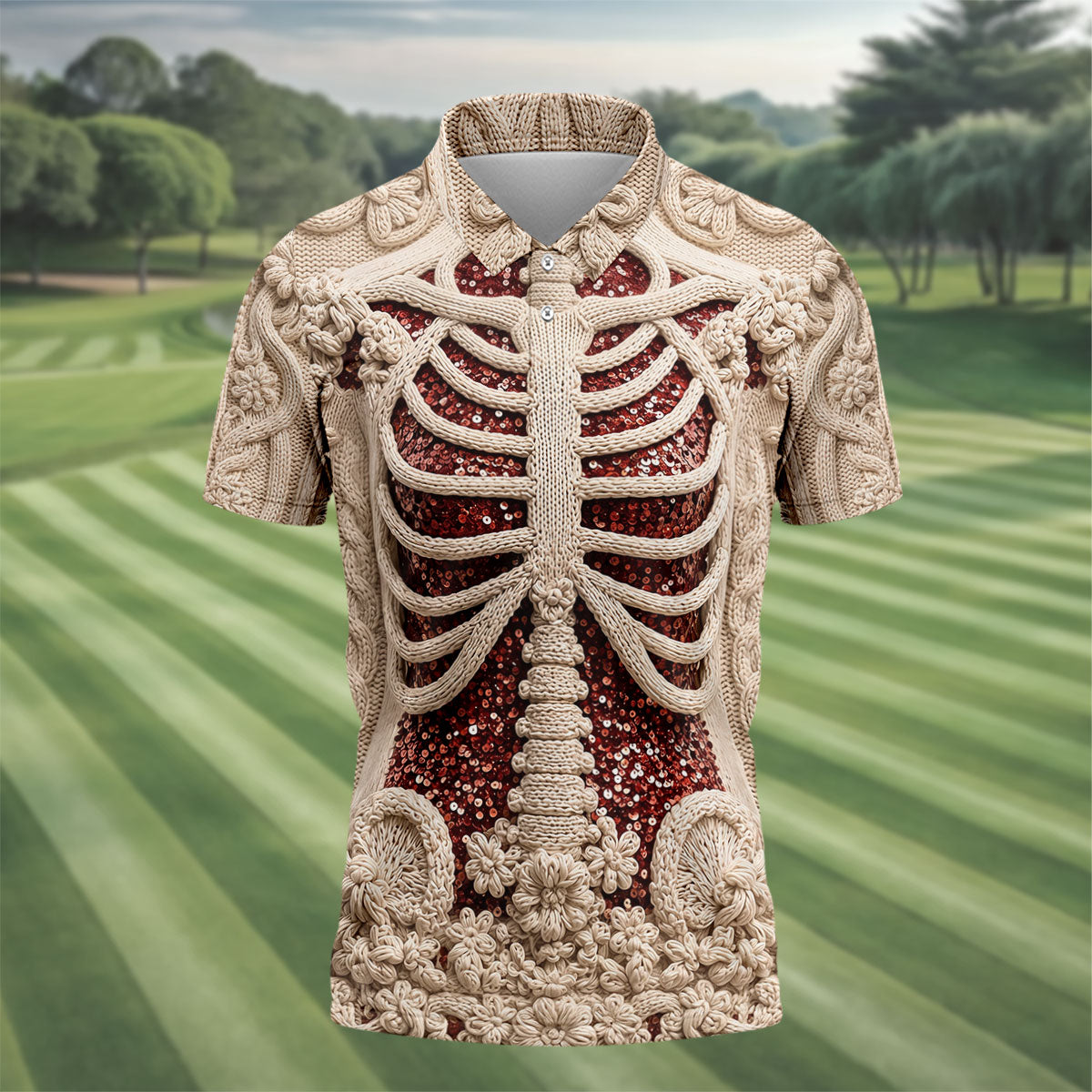 Knitted Skeleton Sequin Halloween Polo Shirt, Mens Golf Polo, Golf Apparel For Men
