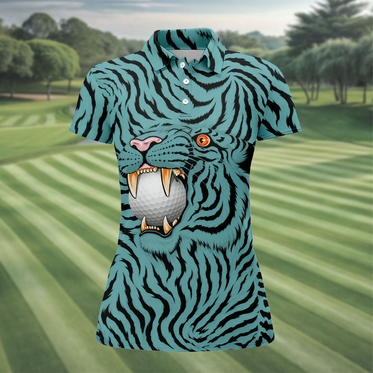 Funny Striped Tiger Biting Golf Ball Polo Shirt, Golf Tops For Women, Women’s Golf Apparel
