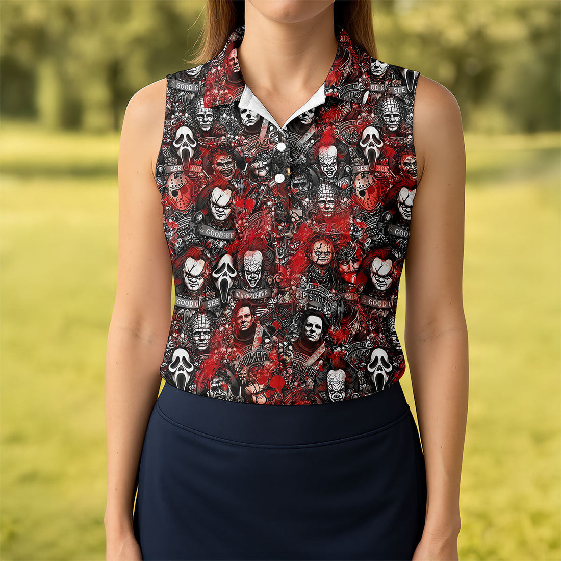 Red Horror Character Collage Halloween Golf Shirt, Women's Golf Polo, Printed Golf Shirt