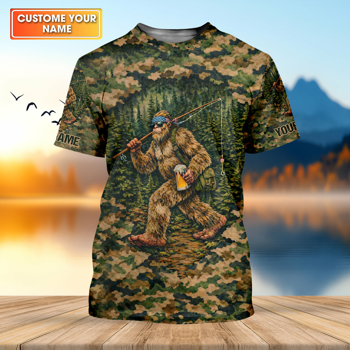 Bigfoot Fishing And Beer Earth Green Camo Fishing Shirt, Fishing UPF Shirts, Fishing Shirts For Men