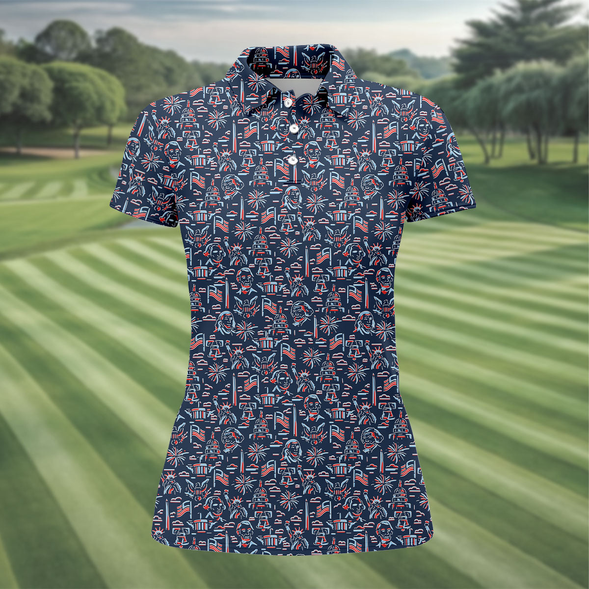 Red White Blue Outlined Patriotic American 250th Anniversary Navy Golf Shirt, 4th Of July Golf Shirt For Women