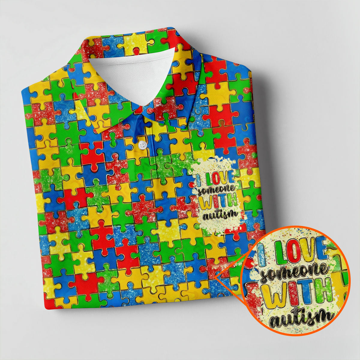 I Love Someone With Autism Colorful Puzzle Pattern Golf Shirt For Women, Autism Awareness Ladies Golf Polos