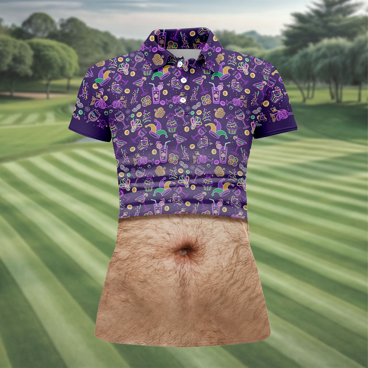 Purple Green Gold Mardi Gras Food Funny Tummy Women's Golf Tops, Fun Women's Golf Shirts, Ladies Golf Shirt