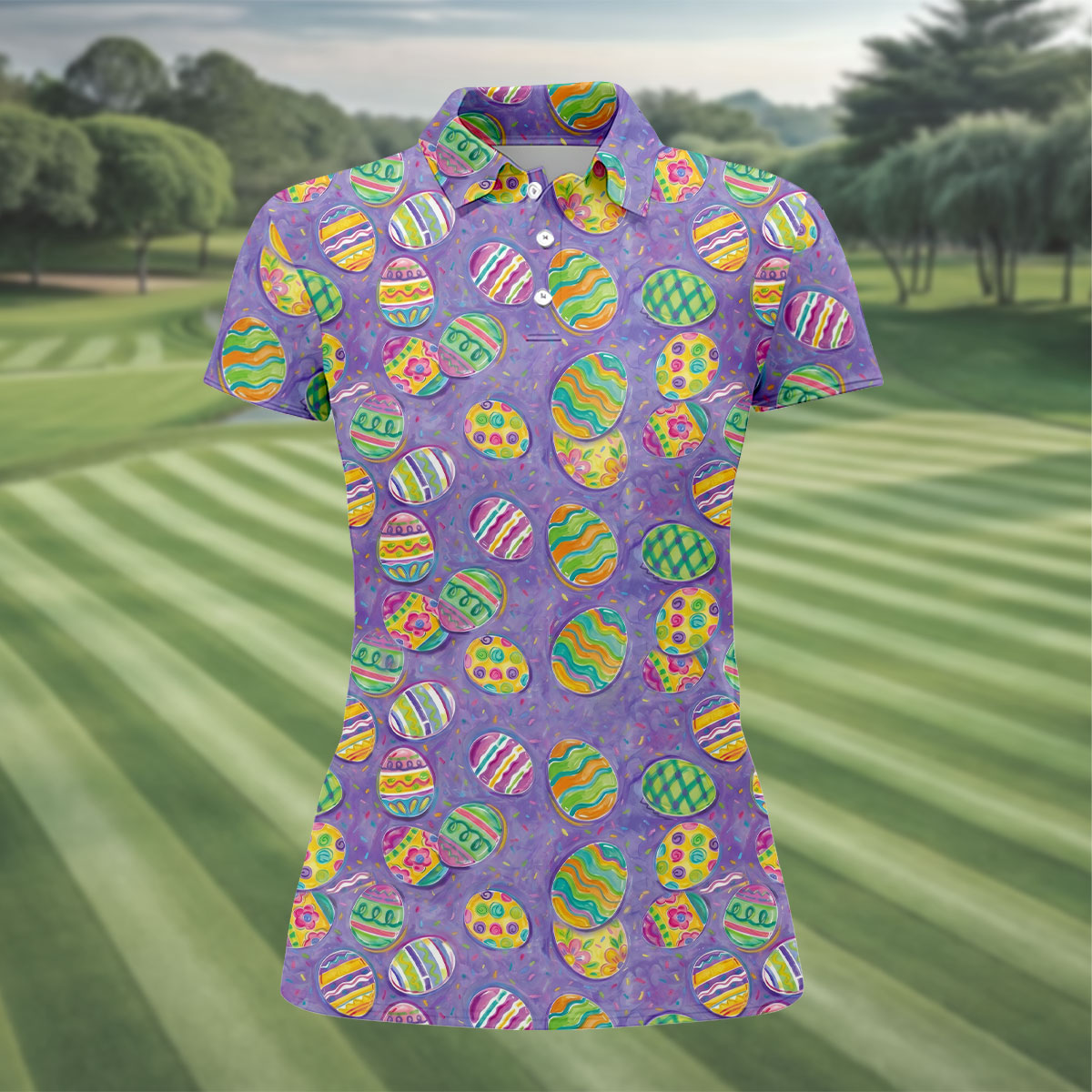 Colorful Painted Easter Eggs Women Golf Top, Cute Golf Outfit, Ladies Golf Shirts