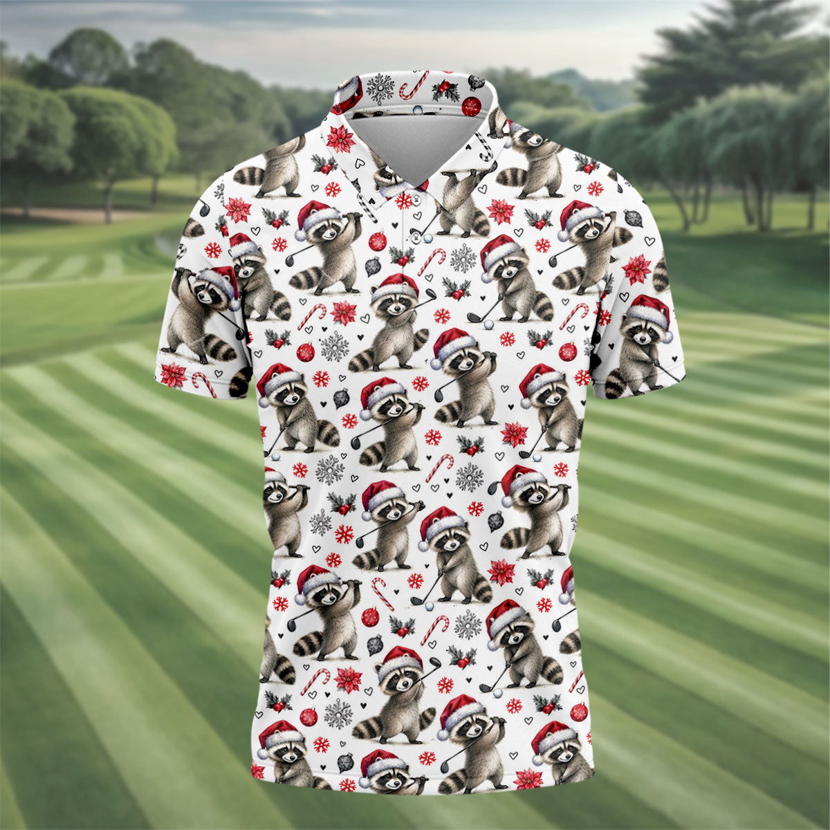 Christmas Raccoon Golfer Santa Hat Golf Polo Shirt, Mens Golf Shirts, Polo Shirts For Men