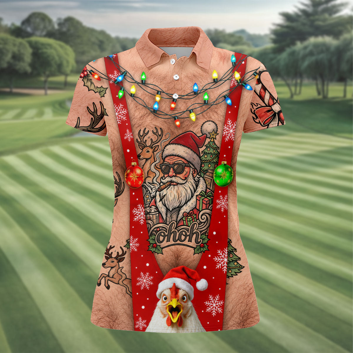 Funny Santa Suspenders Christmas Golf Polo Shirt, Women's Golf Tops, Golf Tops For Women