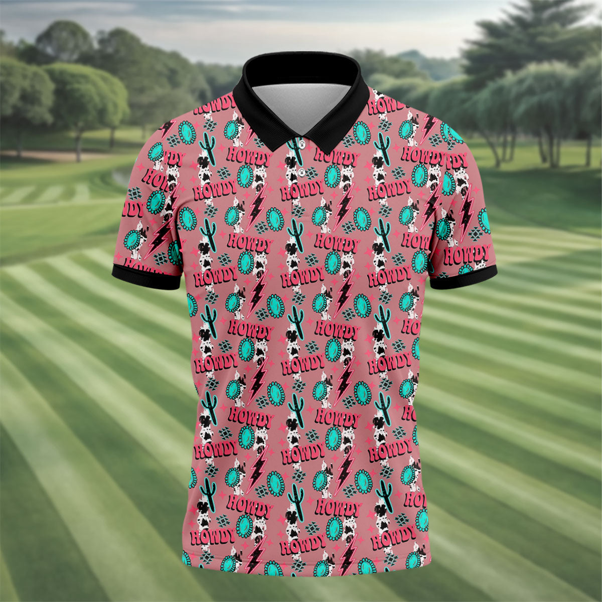 Howdy Pink Lightning Bolts Western Theme Golf Tops For Men, Polo ShirtFor Men, Golf Shirts For Men