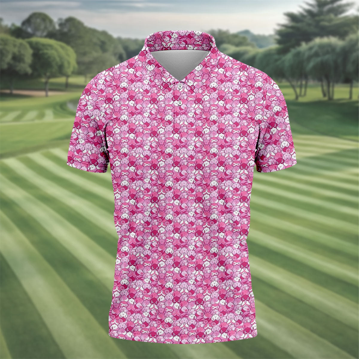 Pink Breast Cancer Hearts And Ribbons Polo Shirt, Golf Shirts For Men, Mens Golf Polo