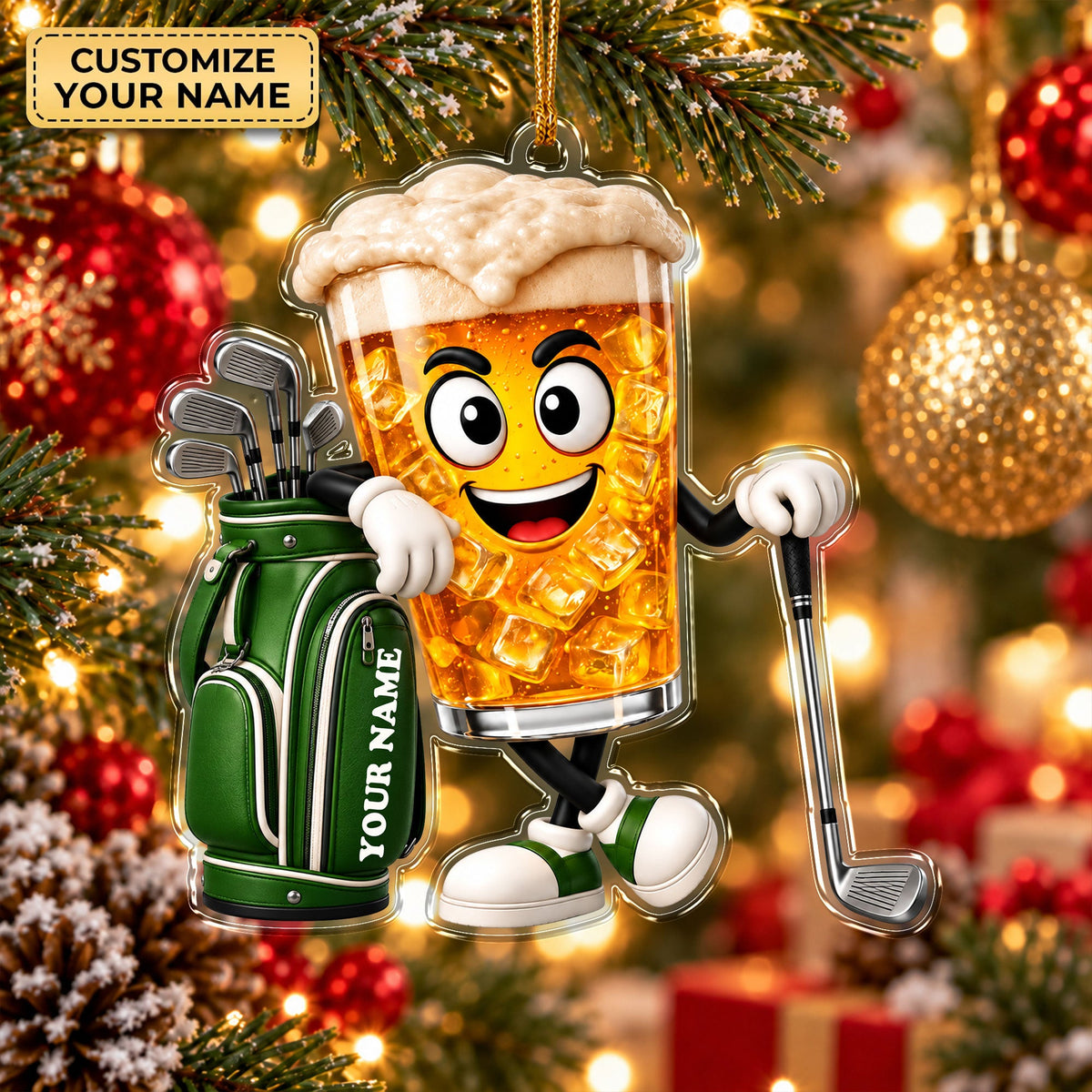 Custom Name Beer Glass Golf Acrylic Ornament, Golf Lover Gifts, Christmas Ornaments