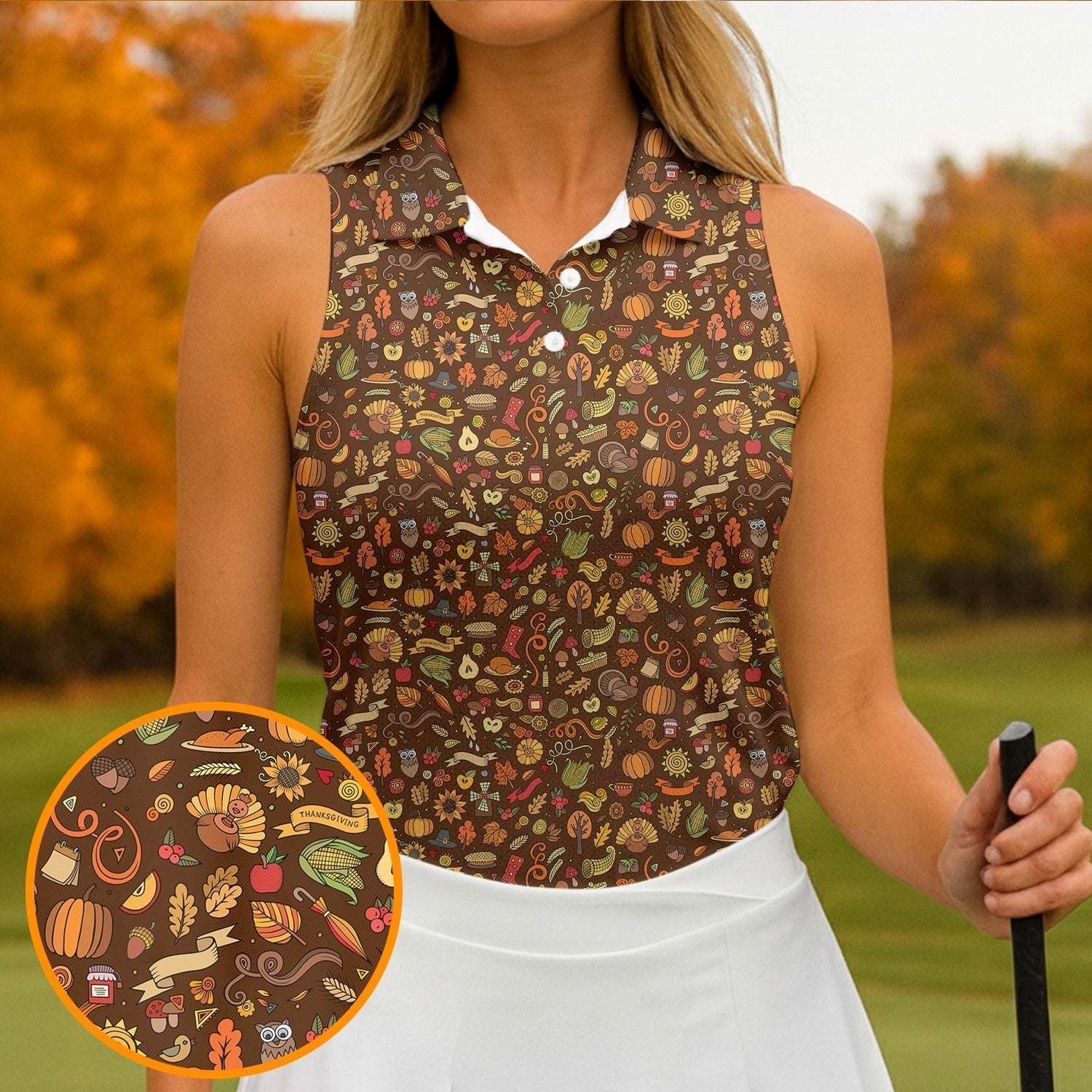 Turkey Pumpkin Funny Golf Shirts Women, Brown Golf Shirt, Thanksgiving Day Gifts, Ladies Golf Polos