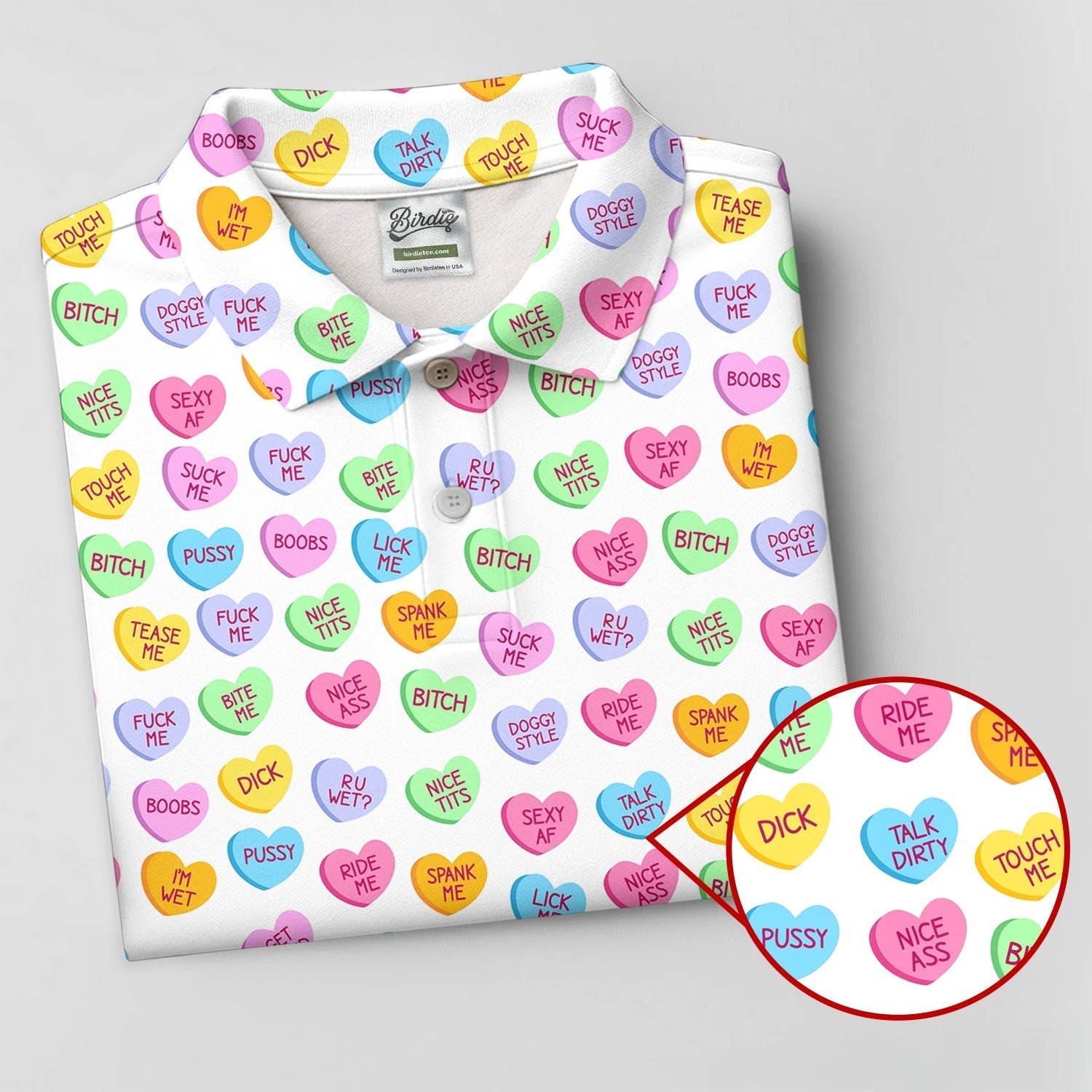 Naughty Conversation Hearts Fun Women's Golf Shirts, Valentines Golf Gift, Dirty Candy Heart  Ladies Golf Polos