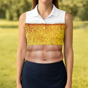 Bubbly Beer Foam Faux Abs Sleeveless Crop Golf Shirt, Golf Tops For Women, Ladies Golf Top