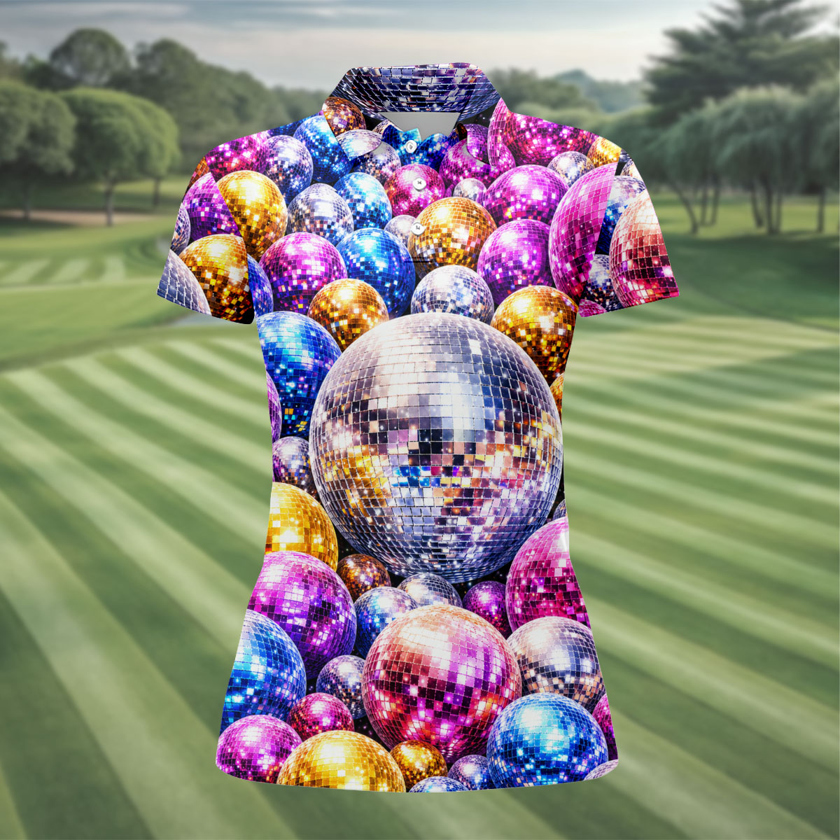 Colorful Disco Ball Party Pattern Polo Shirt, Womens Golf Tops, Golf Shirts For Women