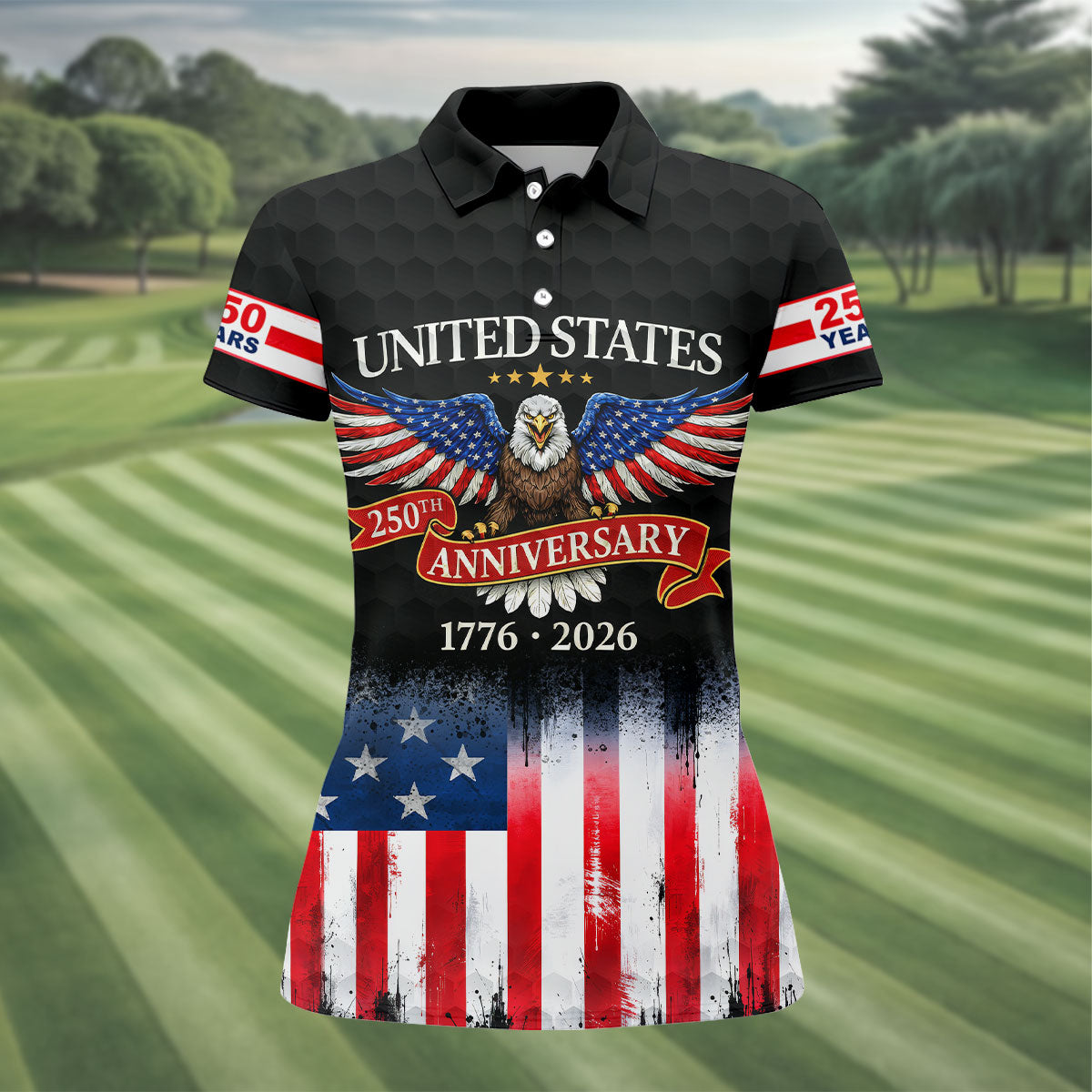 US Bald Eagle 250th Anniversary Celebration Ribbon Black Golf Shirt, Patriotic 4th Of July Golf Shirt For Women