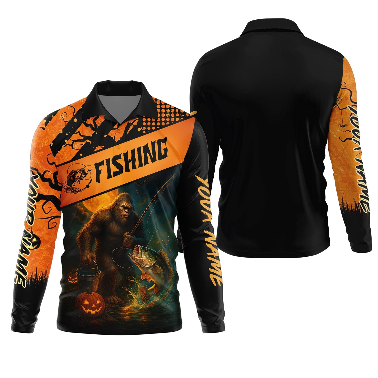 Bigfoot Halloween Fishing UPF Shirts, Fish Button Up Shirt, Fisherman Gift, Bass Fishing
