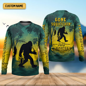 Gone Squatchin And Catching Yellow Forest Bigfoot Fishing UPF Shirts, Funny Fishing Shirt, Fishing Gifts For Men